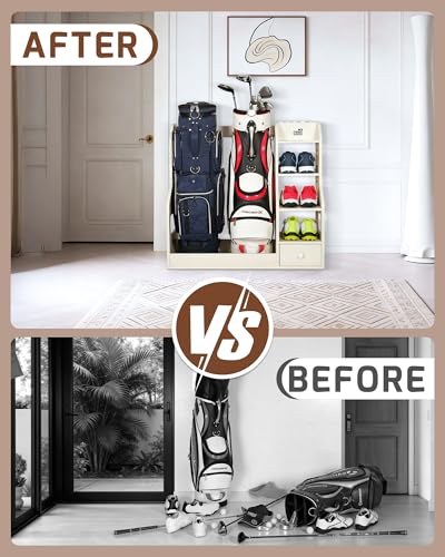 Mythinglogic Wooden Golf Bag Storage Rack, Golf Organizer with Shoe Shelves, Ball Holder & Drawer, MDF Golf Equipment Storage Cabinet for Home, Garage or Simulator Room - size: 2 golf bag rack-White