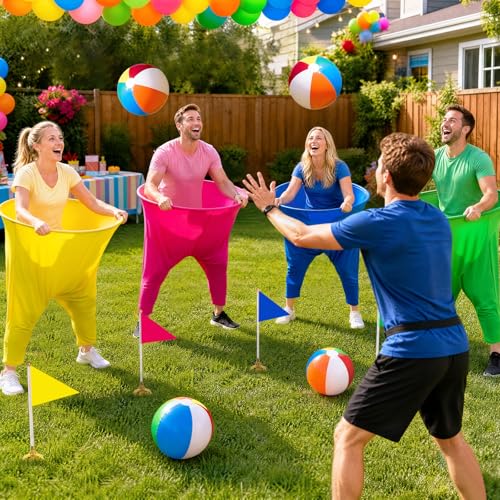 Granny Pants Yard Game Set, Oversized Pants with Bouncy Balls, Pumps & Flags, Giant Outdoor Tossing Games for Adults Family Birthday Backyard Party Team-Building Gatherings - color: Pink+Blue+Green+Yellow