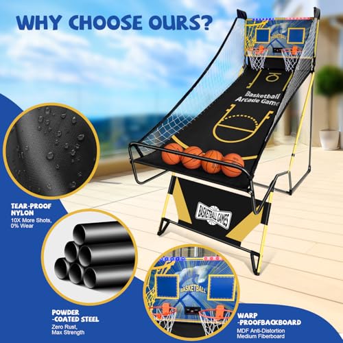 Small Arcade Basketball Game,Foldable Indoor Dual Basketball Scoring System with Sound Effects,Pump and Dual HoopsGame Modes for Family Game