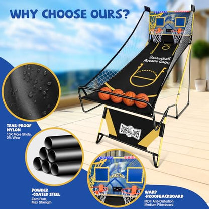 Small Arcade Basketball Game,Foldable Indoor Dual Basketball Scoring System with Sound Effects,Pump and Dual HoopsGame Modes for Family Game