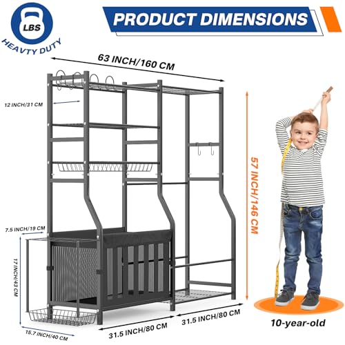 Heavy Duty Garage Sports Equipment Organizer, All-in-One Golf Bag Storage Rack & Multi-Sport Ball Holder for Basketballs, Bats & Kids Toys, Indoor/Outdoor Free Standing Gear Bin