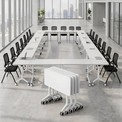 Folding Conference Table with Wheels, Mobile Flip-Top Training Table, Modular Space-Saving Meeting Table for Office, Classroom, Seminar, Library (10, White, 55IN) - color: White, size: 55IN