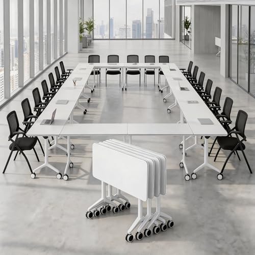 Folding Conference Table with Wheels, Mobile Flip-Top Training Table, Modular Space-Saving Meeting Table for Office, Classroom, Seminar, Library (10, White, 55IN) - color: White, size: 55IN