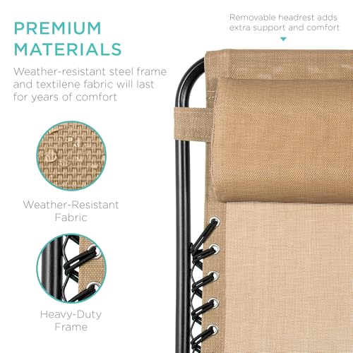Best Choice Products Set of 2 Adjustable Steel Mesh Zero Gravity Lounge Chair Recliners w/Pillows and Cup Holder Trays - Beige - color: Beige, size: Standard
