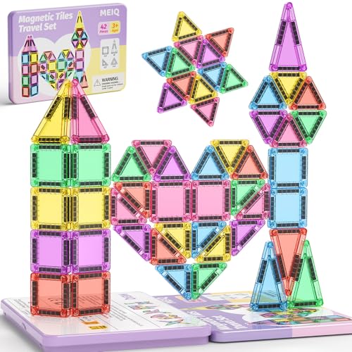 42-Piece Mini Magnetic Tiles Travel Set with Metal Storage Box - Portable STEM Building Blocks for Kids Ages 3-8, Montessori Educational Toys for Airplane & Car Rides, Gift for Boys & Girls - size: 42 Pieces