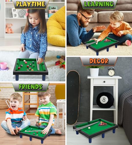 Mozlly Miniature Pool Table Set - Adult and Kids Billiard Set, Mini Pool Table Classic Playtime Set, Includes Portable Small Table, Balls, Cues, and Triangle - 8.1x4.5 Inches