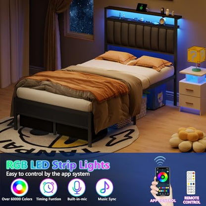 Furnulem Full Size Bed Frame with Charging Station and LED Lights, Grey Upholstered Headboard with Shelves, Metal Platform Bed with 2 Under-Bed Storage (Fabric Drawer on Wheels), No Box Spring Needed - size: Full