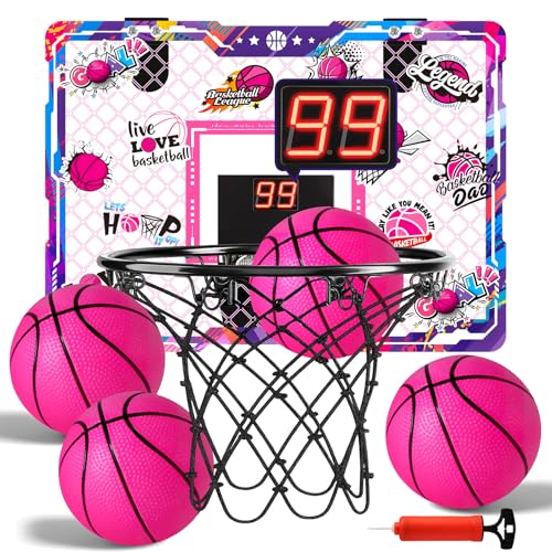 LovesTown Pink Indoor Mini Basketball Hoop, for Girls Ages 4-12, Over The Door Hoop with LED Lights & Electronic Scoreboard, 4 Balls, DIY Stickers, Sports Toys for Family Game Night - style: Charming