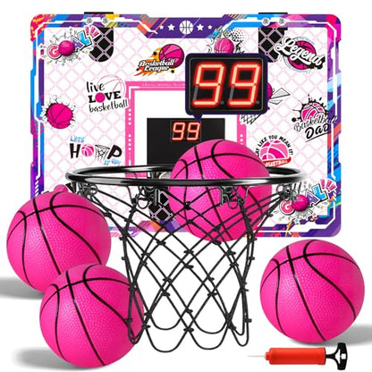 LovesTown Pink Indoor Mini Basketball Hoop, for Girls Ages 4-12, Over The Door Hoop with LED Lights & Electronic Scoreboard, 4 Balls, DIY Stickers, Sports Toys for Family Game Night - style: Charming
