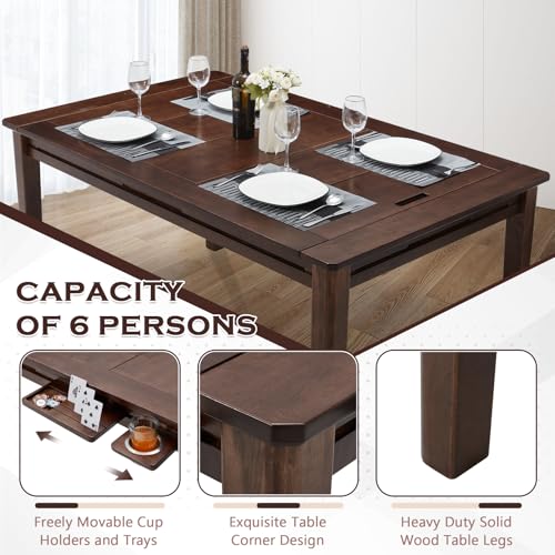 Haddockway 63" ×39“ Board Game Table with Removable Top, Solid Wood Dining/Gaming Table for 4-6 Players with Play Mat, 6 Detachable Cup Holders & 6 Hobby Trays (Warm Walnut) - color: Warm Walnut