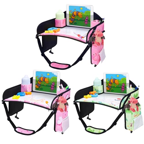 3PCS Kids Travel Tray for Airplane - Toddler Car Seat Table Tray, Road Trip Essentials for Boys & Girls, Carseat Lap Desk for Kids Road Trip Activities - color: 2Pink/Green-3PCS