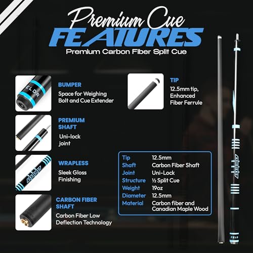 Obsidian Carbon Fiber Pool Cue Stick 57" Billiard Cue Sticks Professional Low Deflection Pool Sticks with 12.5mm Tip, Microfiber Cloth, Gloves, Pool Cue Case & Pool Cue Chalk for Adults