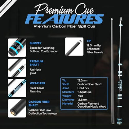 Obsidian Carbon Fiber Pool Cue Stick 57" Billiard Cue Sticks Professional Low Deflection Pool Sticks with 12.5mm Tip, Microfiber Cloth, Gloves, Pool Cue Case & Pool Cue Chalk for Adults