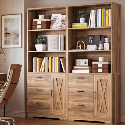 IRONCK Bookshelf with Doors and 3 Drawers 71 in Tall Bookshelf with Storage, Industrial Book Shelf with 3-Tier Shelves for Living Room Entrance Hallway Home Office - color: Oak Brown