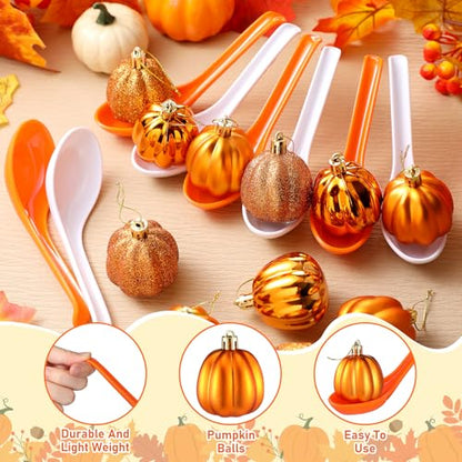 Wettarn 48 Pcs Fall Thanksgiving Spoon Race Game Set 24 Fall Themed Pumpkin Ornaments and 24 Orange White Spoons Fun Relay Race Games for Thanksgiving Autumn Outdoor Party Favors Supplies - style: Thanksgiving