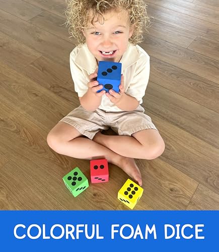 4 Foam Jumbo Playing Dice - Red, Yellow, Blue, Green - Kids Outdoor/Indoor Games, Classroom Supplies