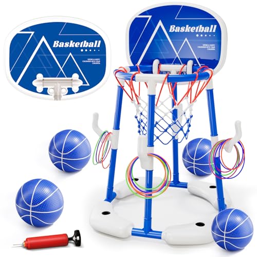 Pool Basketball Hoop for Kids Ages 4-8 & 8-12, 2-in-1 Floating Game Set with Backboard, Water-Fillable Base, 4 Balls, Pump & 12 Rings, Pool Games Backyard Swimming Pool Toys for Family Fun (Blue) - color: Green