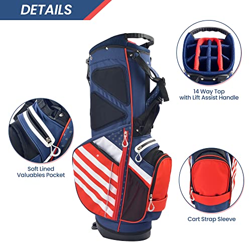 BOBOPRO Golf Stand Bag, Lightweight 14 Way Top Dividers Golf Carry Bag with 8 Pockets, USA Stars & Stripes Golf Bag for Golf Club Golf Cart for Men & Women