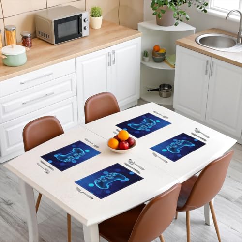 Erosebridal Gamer Boys 4 PCS of Placemats 12x18 Game Controller Place Mat for Dining Table Honeycomb Hexagon Spots Non Slip Table Mats Blue Modern - color: Blue
