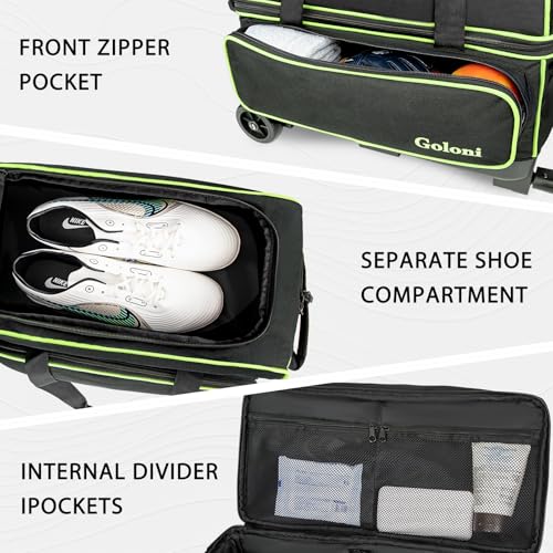 Goloni Double Roller 2 Ball Bowling Bag with Separate Shoe Compartment,2 Ball Bowling Bag with Wheels,Retractable Handle Extends to 40" - color: green