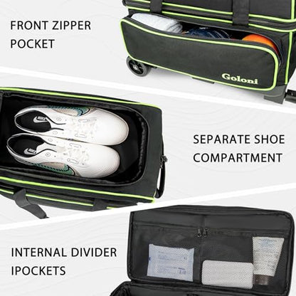 Goloni Double Roller 2 Ball Bowling Bag with Separate Shoe Compartment,2 Ball Bowling Bag with Wheels,Retractable Handle Extends to 40" - color: green