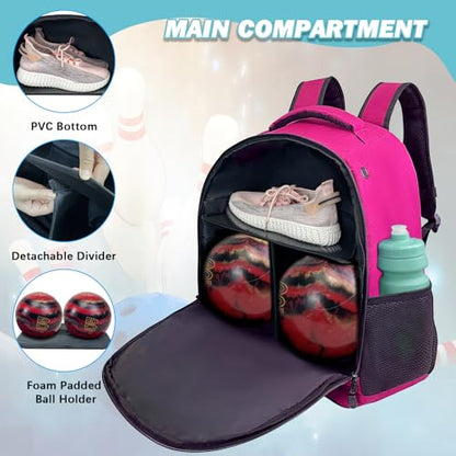 WOLT Bowling Ball Bag,2 Ball Bowling Backpack with Protective Foam Padded & Shoe Compartment Fits Up to Mens Size 16 - color: Pink