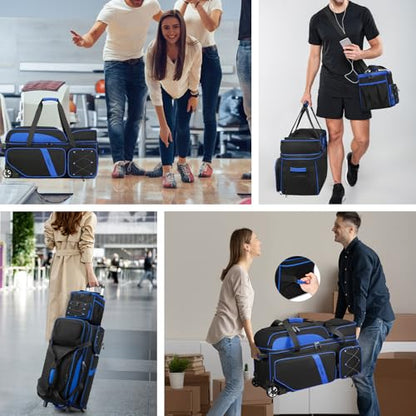 BOSSTIN 3-4 Ball Bowling Bags with Wheels, Secure Hook & Loop Fixed Ball Cup & Shoe Compartment (Fits Up to Size 16), Roller with Multi-Pockets