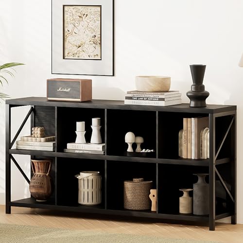 8 Cube Storage Organizer Bookshelf, Industrial Horizontal Bookcase, Accent Cubby Shelf, Media Console Table for Living Room, Home Office, 13.6" D x 63" W x 30.9" H, Black - color: Black, size: 8 Cube- 2 Tier