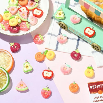 Stiesy Resin Fruit Charms 32Pcs, Imitation Button Pendants with Loop, Apple Strawberry Watermelon Pineapple Pear Peach Shape Charms for Jewelry Making, DIY Craft Supplies and Keychain Making - color: Fruit-8 Styles-32pcs