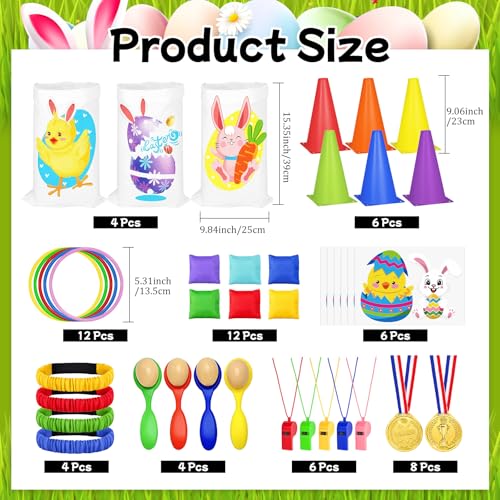 Cinrobiye 62 Pcs Easter Outdoor Games Set, Field Day Party Activities with Potato Sack Race, Egg and Spoon Race, Three Legged Race and Ring Toss for Family Gatherings and Spring Events