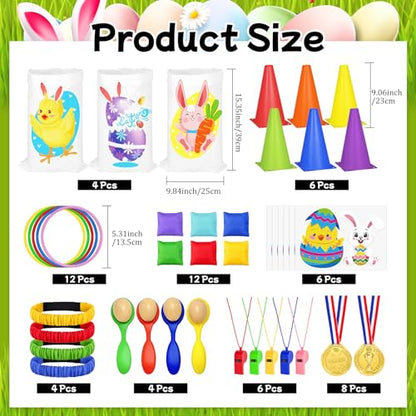 Cinrobiye 62 Pcs Easter Outdoor Games Set, Field Day Party Activities with Potato Sack Race, Egg and Spoon Race, Three Legged Race and Ring Toss for Family Gatherings and Spring Events