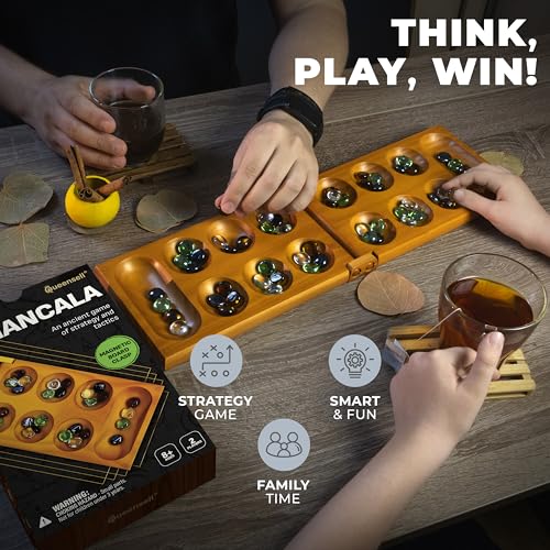 Mancala Board Game for Kids and Adults – Wooden Folding Mancala Set with Magnetic Lock and 56 Stones – Classic Strategy Board Game Travel Size