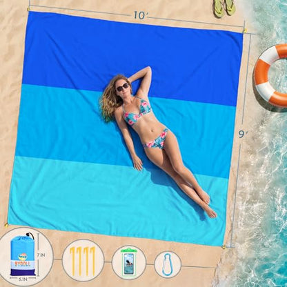 BYDOLL Beach Blanket Waterproof Sandproof Large Sand Free,78''X81''/10'X9' Oversized Sandless Lightweight Blanket Picnic Mat for Beach Travel Camping Hiking with Stakes - color: Blue3, size: 10'X9'