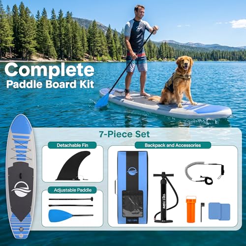 SereneLife 10’6" Inflatable Stand Up Paddle Board with Premium SUP Accessories - Wide Stable Design with Non-Slip EVA Deck Pad, for Youth and Adults, 350 lbs. Capacity - color: Blue