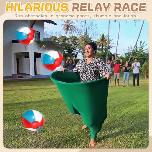 Granny Pants Outdoor Game, Hilarious Inflatable Ball Relay Set with Granny Giant Stretchy Pants, Balls and Pump, Team Relay Family Reunion Party Field Game Set - color: Warm