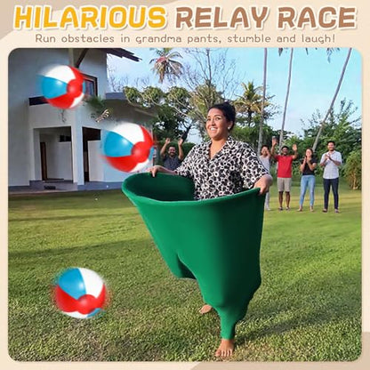 Granny Pants Outdoor Game, Hilarious Inflatable Ball Relay Set with Granny Giant Stretchy Pants, Balls and Pump, Team Relay Family Reunion Party Field Game Set - color: Warm