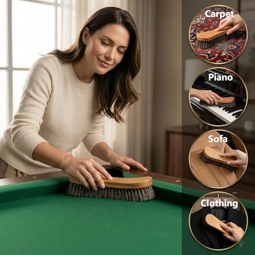 Soft Horsehair Surface Care Tool - Professional Billiard Table Cleaner with U-Shaped Dense Bristles - Ergonomic Wood Handle for Luxury Furniture, Auto Leather, Carpet and Garment Dusting (12 INCH)