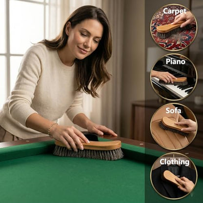 Soft Horsehair Surface Care Tool - Professional Billiard Table Cleaner with U-Shaped Dense Bristles - Ergonomic Wood Handle for Luxury Furniture, Auto Leather, Carpet and Garment Dusting (12 INCH)