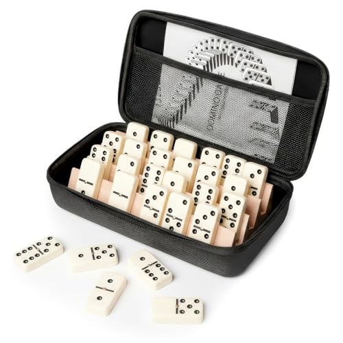 Jumbo Dominos Set with 4 Wooden Racks, Double 6 Dominoes Set with Portable Case 28 Domino Tiles with 4 Tile Holders in Travel Case for Classic Family Board Game