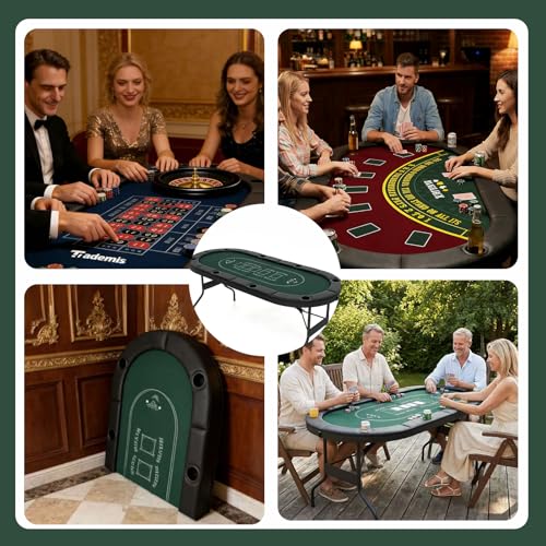 8 Player Foldable Poker Table Top 4-in-1 Casino Game Set for Texas Hold'em, Blackjack, Hi-Lo Dice & Roulette, Portable Folding Table Mat with Cup Holders & Full Props for Home Party, Game Night