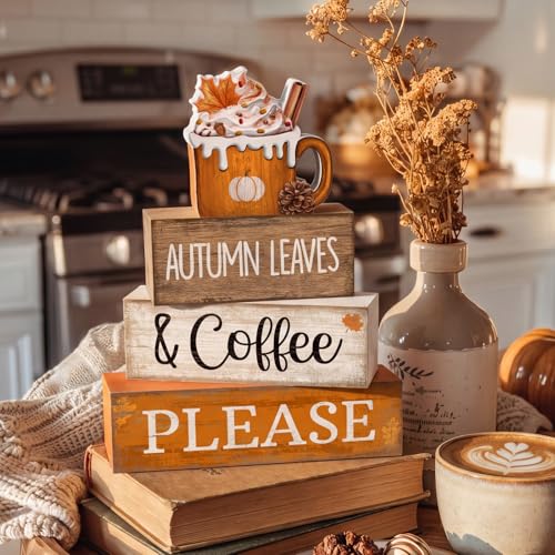 Lineshading 4 Pcs Fall Coffee Table Decor Fall Decoration for Home Wooden Stacked Block with Pumpkin Latte Topper Rustic Thanksgiving Tiered Tray Decor for Harvest Party Home Kitchen Coffee Bar - style: Autumn Leaves 2