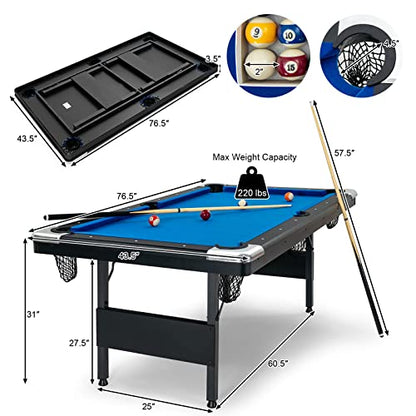 GYMAX Pool Table, 6FT Foldable Billiard Table with Complete Set of Balls, 2 Cue Sticks, Chalk & Felt Brush, Portable Indoor/Outdoor Pool Table for Adults Kids Family Game