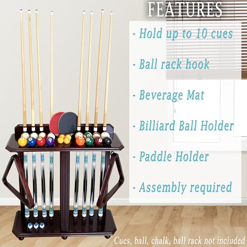 Wooden Billiard Cue Rack Hold up to 10 Pool Cue Sticks, Pool Cue Stick Holder, Floor Stand Pool Cue Holder for Billiard Game Room (Dark Mahogany)