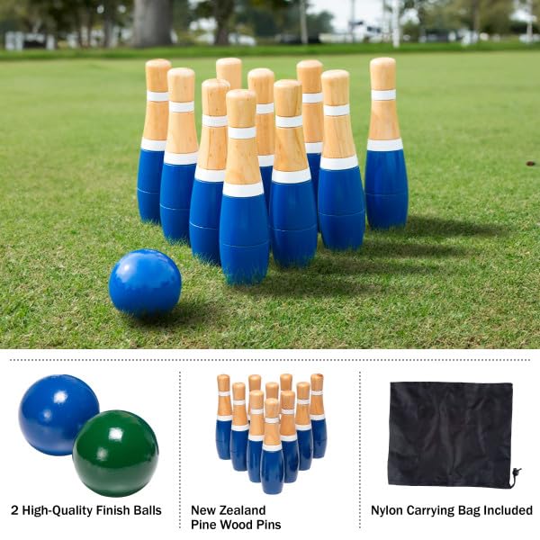 HEY! PLAY! 13-Piece Wood Bowling Set - Indoor/Outdoor Bowling Game for Adults and Kids Ages 3 and Up - 10 Wood Pins, 2 Balls, and Carrying Bag (Blue) - color: Blue & White