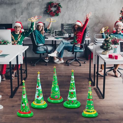 Capoda 16 Pcs Christmas Ring Toss Set, Inflatable Scoring Cones (10-50 Points) with 12 Toss Rings & Air Pump, Indoor Outdoor Holiday Party for, Family, Office, Backyard, Garden