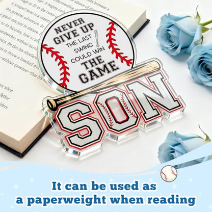 Baseball Gifts for Son from Mom Dad, Fathers Day Birthday Graduation New Job Gifts for Him Teen Boys Adults Son in Law Bonus Step, Acrylic Baseball Desk Plaque Sign to My Best Son Birthday Present