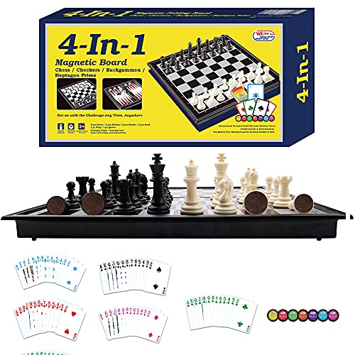 WEofferwhatYOUwant Magnetic Chess Set – 4-in-1 Travel Game with Checkers, Backgammon & 5-Suit Card Game – 14.2" Folding Board – Large Plastic Pieces – Portable Set for Kids & Adults – Gift Idea - style: 4 in 1 Portable Large Black