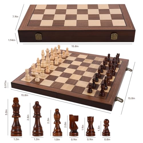 Rinten Wooden Chess Set with Folding Board - 15" Classic Magnetic Chess Set with Protective Bag for Adults, Chess Lovers Tournament Professional Beginner - color: Wood-brown+black Bag, size: 15 IN