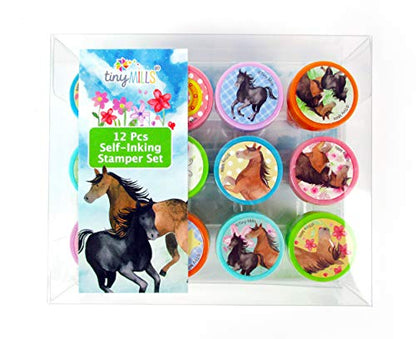 TINYMILLS 12 Pcs Horse Pony Western Stamp Kit for Kids Self Inking Stamps Gift Easter Basket Filler Teacher Stamp Set Rewards