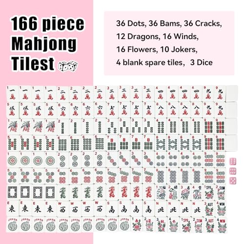 American Mahjong Tiles Set, 166 Pink Mahjong Tiles 1.2 Inch with Carrying Bag and 3 Dice, Portable American Mahjong Game for Travel, Family Game Night - color: Pink